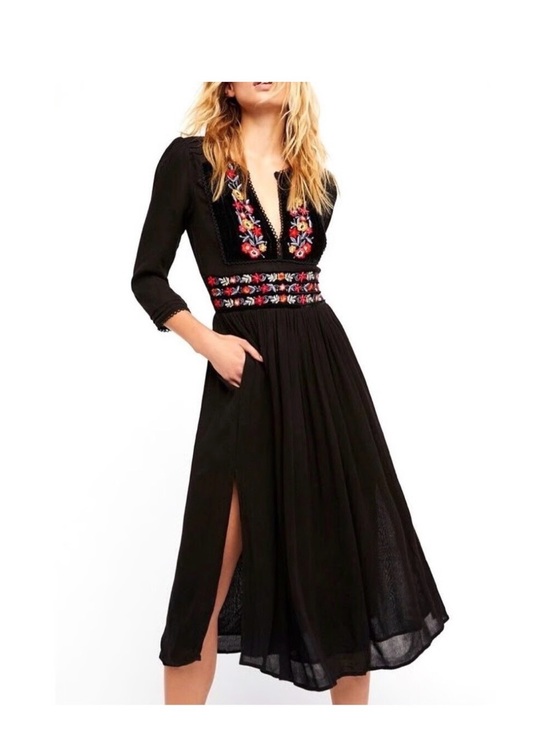 Free People Dresses & Skirts - Free People Black Midi Dress with Colorful Floral Embroidery